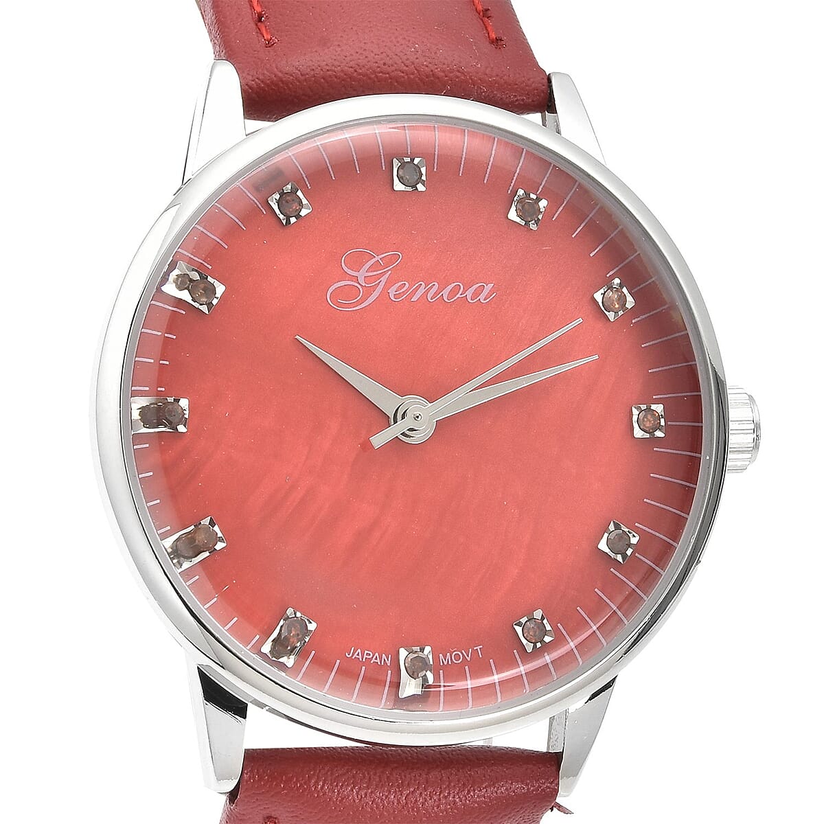 Genoa Red Diamond Miyota Japanese Movement Simulated Red MOP Carved Dial Watch with Red Leather Strap (36mm) (7.25-8.25Inches) 0.12 ctw image number 3