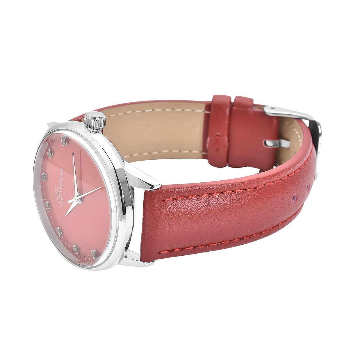 Genoa Red Diamond Miyota Japanese Movement Simulated Red MOP Carved Dial Watch with Red Leather Strap (36mm) (7.25-8.25Inches) 0.12 ctw image number 4