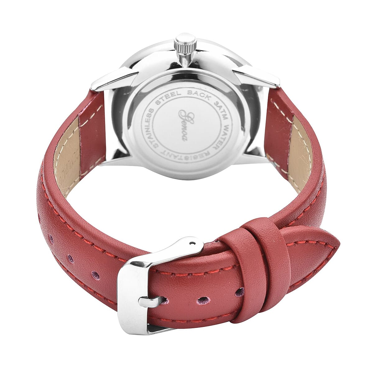 Genoa Red Diamond Miyota Japanese Movement Simulated Red MOP Carved Dial Watch with Red Leather Strap (36mm) (7.25-8.25Inches) 0.12 ctw image number 5