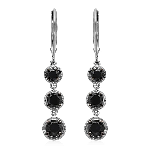Black Diamond Lever Back Earrings in Rhodium & Earrings in Platinum Over Sterling Silver 2.00 ctw