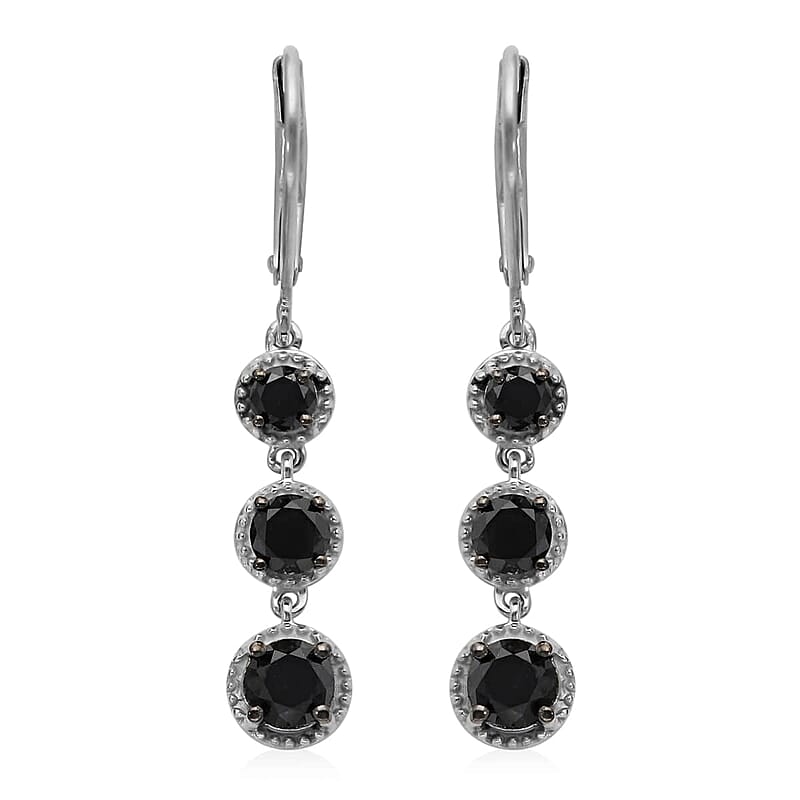 Black Diamond Lever Back Earrings in Rhodium & Earrings in Platinum Over Sterling Silver 2.00 ctw
