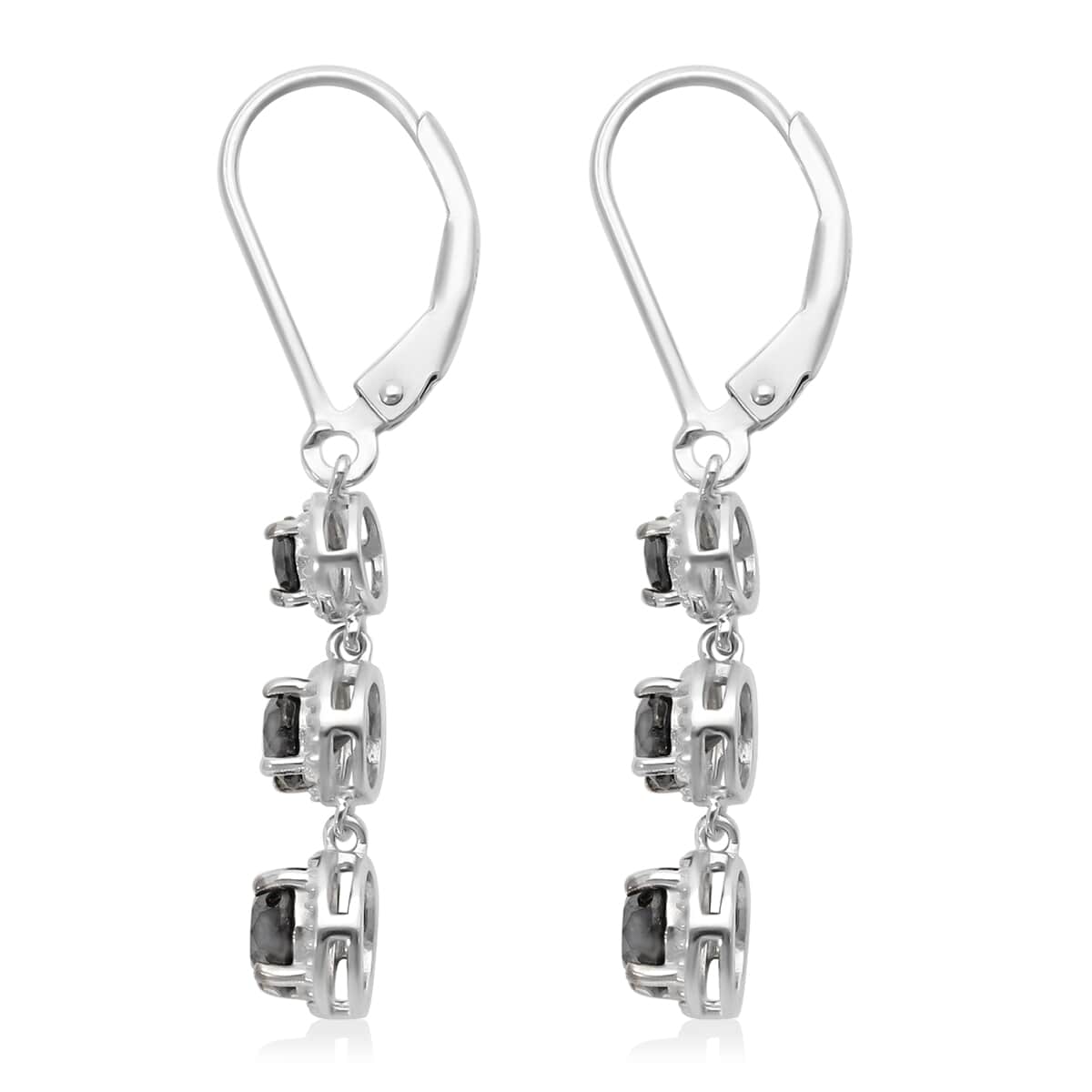 Black Diamond Lever Back Earrings in Rhodium & Earrings in Platinum Over Sterling Silver 2.00 ctw image number 2