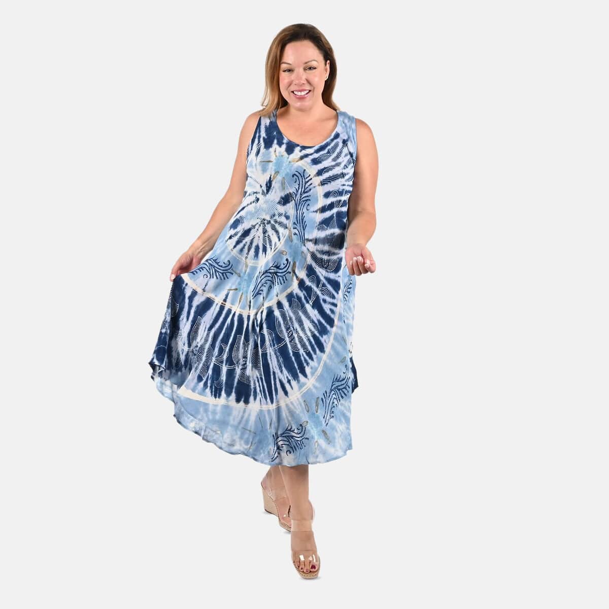 Tamsy Navy and Light Blue Floral Tie-Dye Umbrella Dress - One Size Plus image number 0