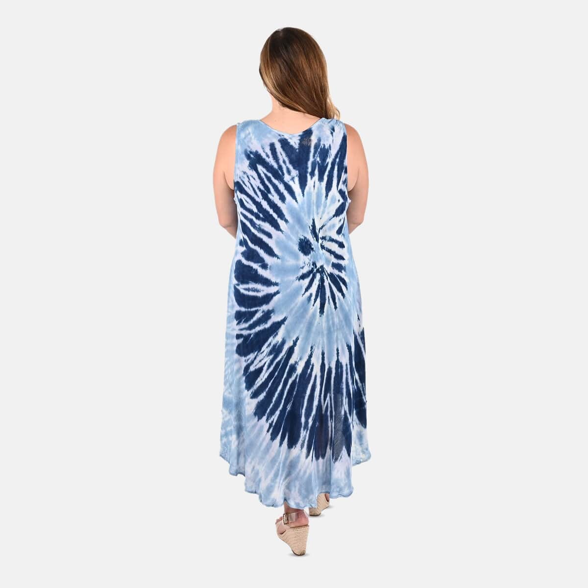 Tamsy Navy and Light Blue Floral Tie-Dye Umbrella Dress - One Size Plus image number 1