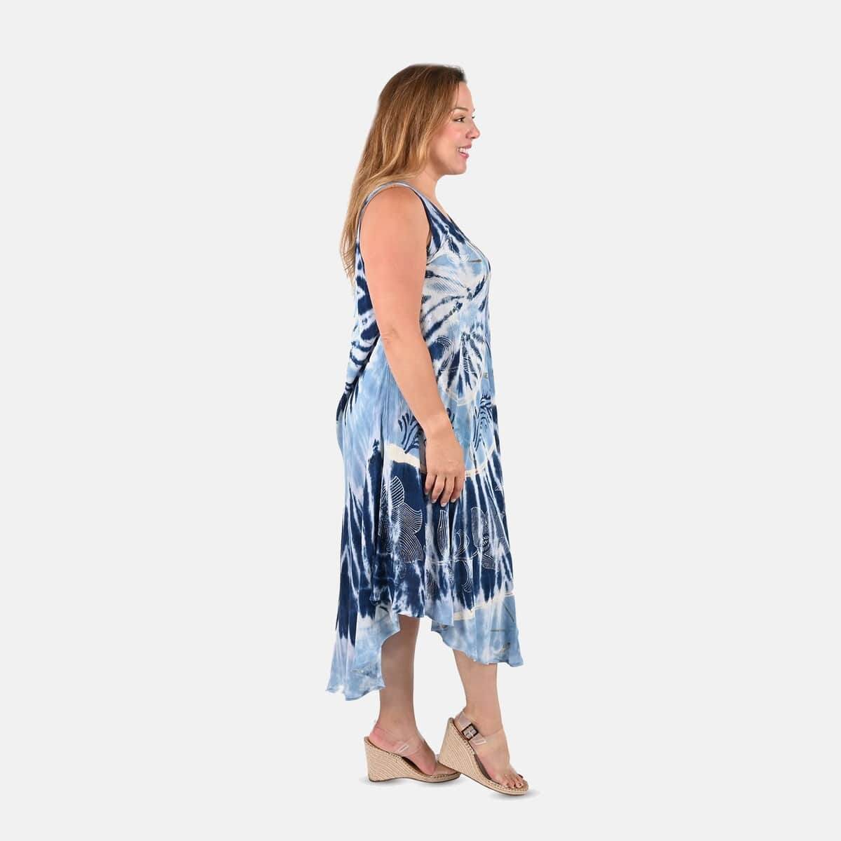 Tamsy Navy and Light Blue Floral Tie-Dye Umbrella Dress - One Size Plus image number 2