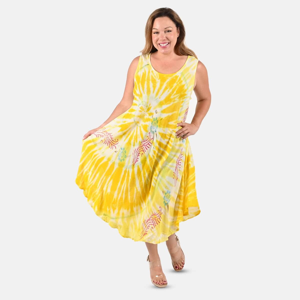 Tamsy Yellow Floral Tie-Dye Umbrella Dress - One Size Plus image number 0