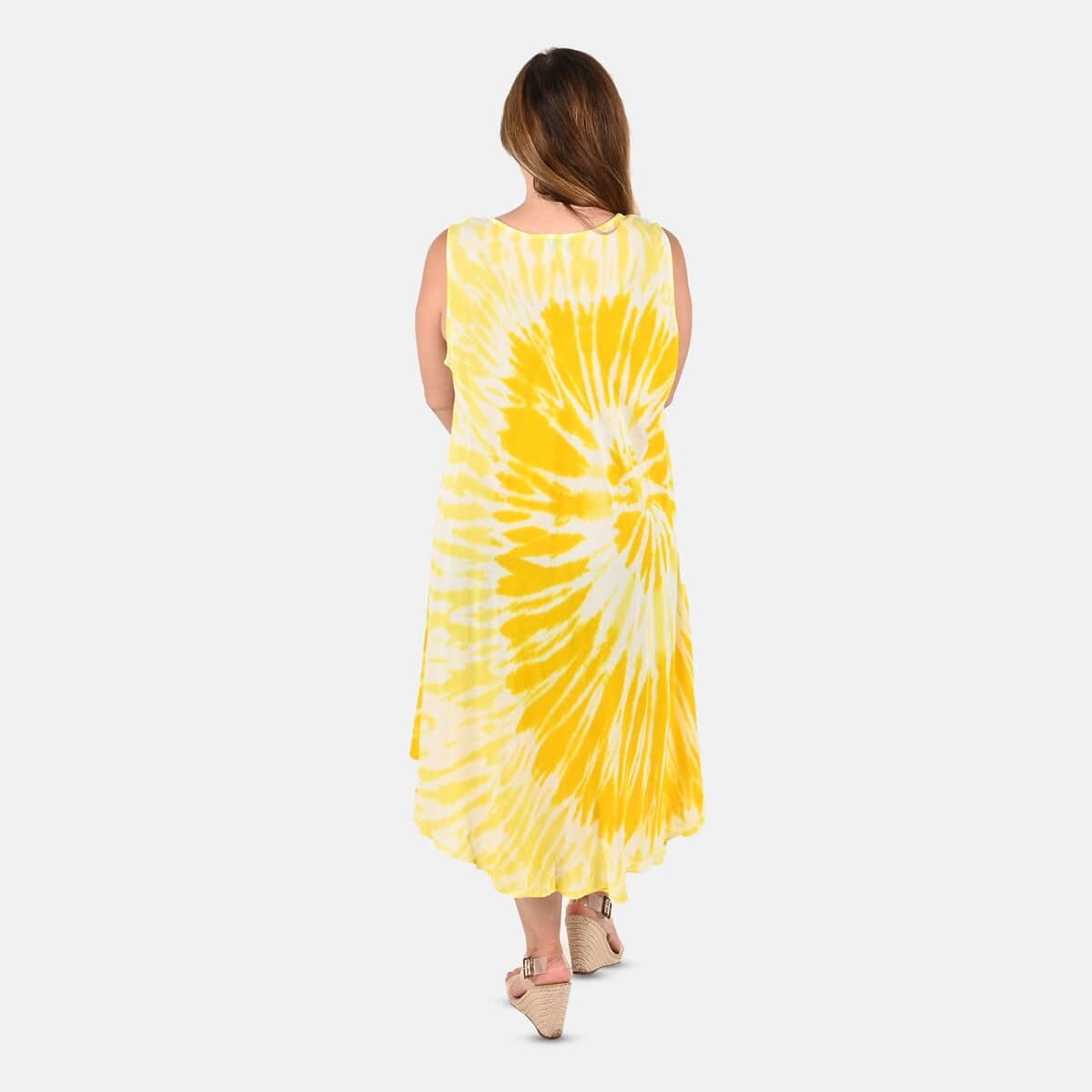 Tamsy Yellow Floral Tie-Dye Umbrella Dress - One Size Plus image number 1