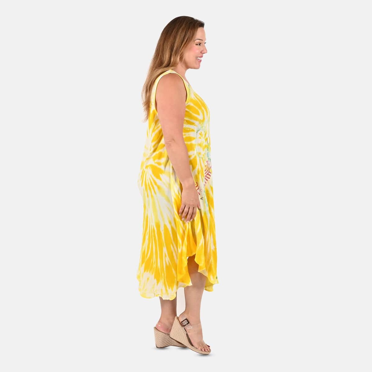 Tamsy Yellow Floral Tie-Dye Umbrella Dress - One Size Plus image number 2