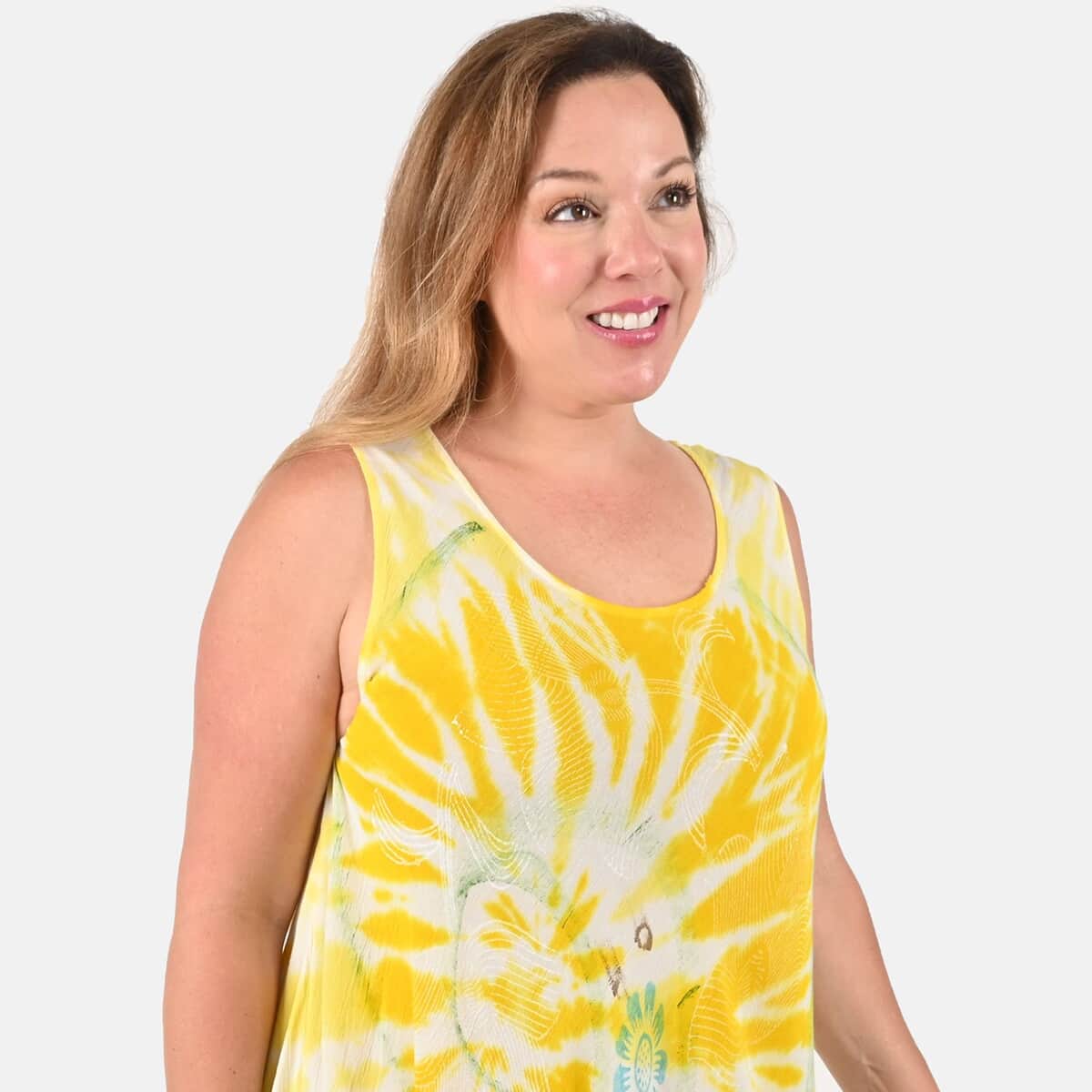 Tamsy Yellow Floral Tie-Dye Umbrella Dress - One Size Plus image number 3