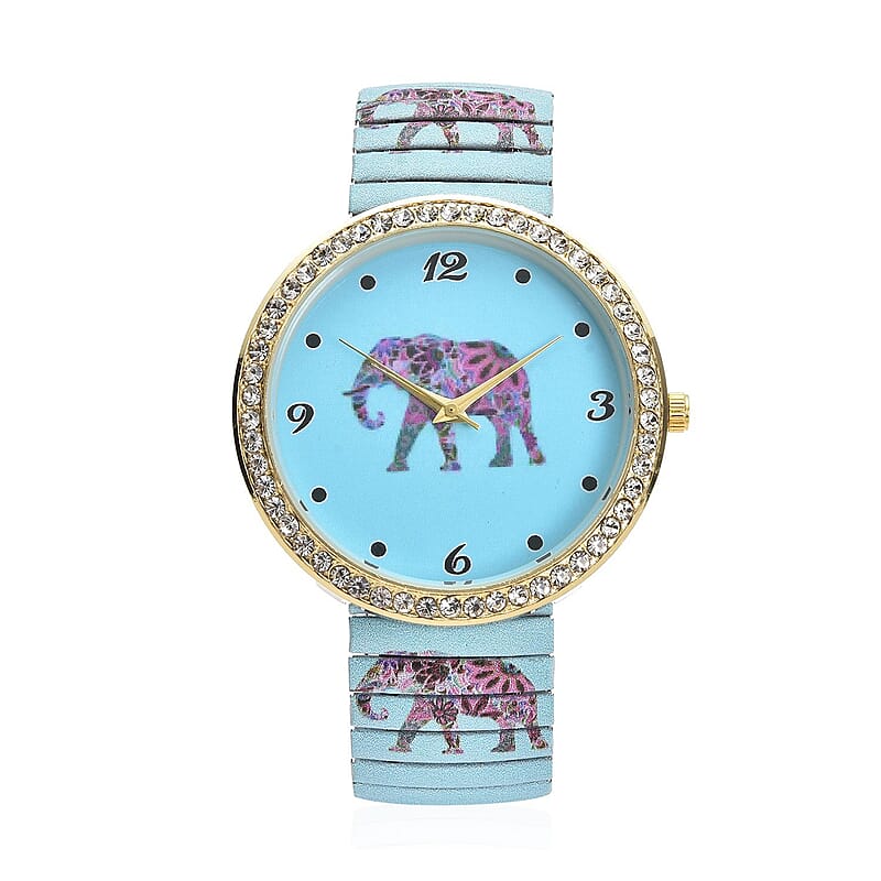 Strada Austrian Crystal Japanese Movement Elephant Print Watch in Stainless Steel Strap (42.41 mm) (6.75-7.25 Inches)
