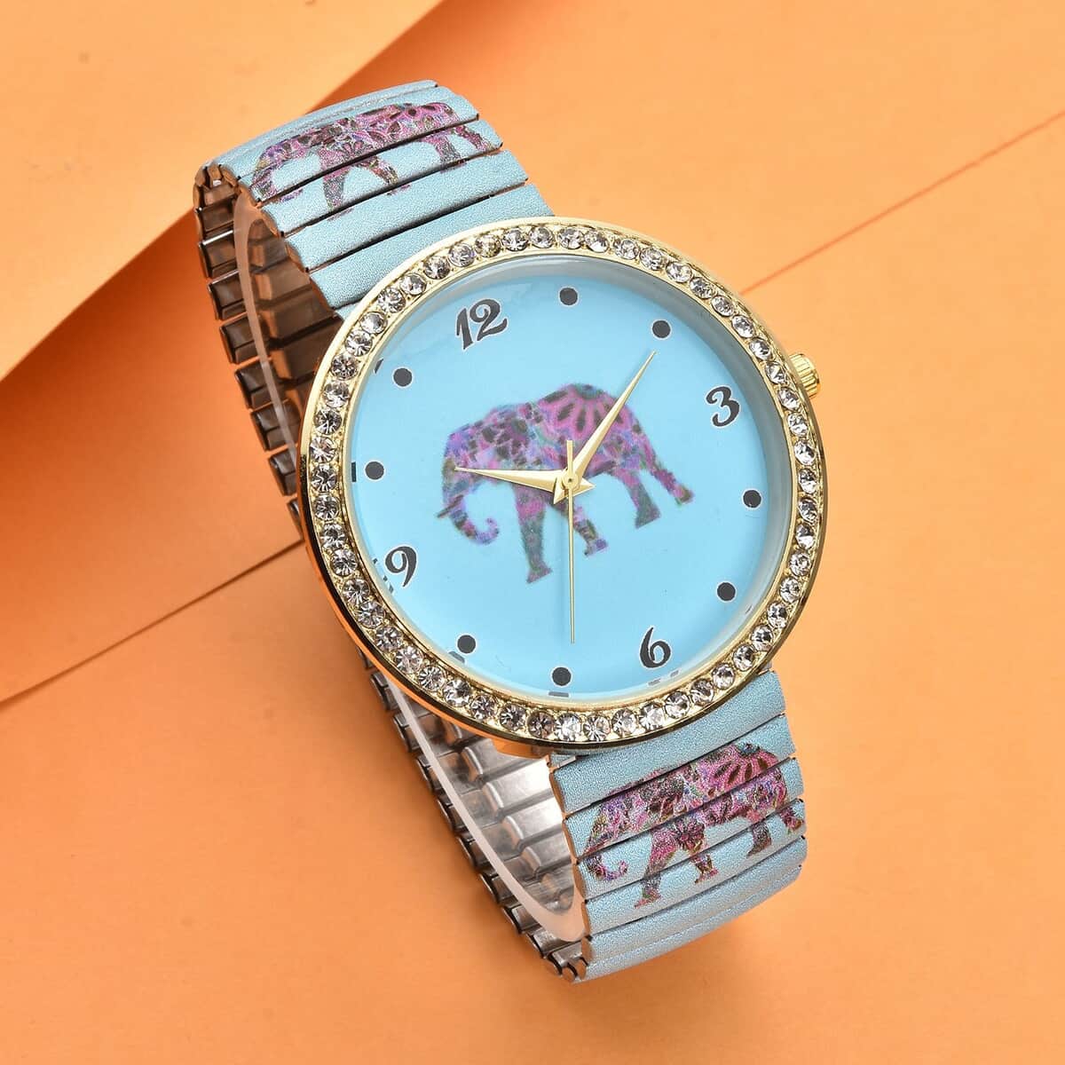 STRADA Austrian Crystal Japanese Movement Elephant Print Watch in Stainless Steel Strap (42mm) 0.50 ctw image number 1