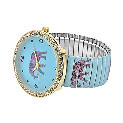 Strada Austrian Crystal Japanese Movement Elephant Print Watch in Stainless Steel Strap (42.41 mm) (6.75-7.25 Inches)