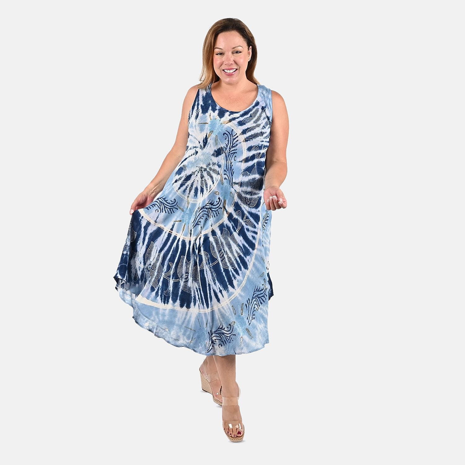 Tamsy Navy and Light Blue Floral Tie-Dye Umbrella Dress - One Size Missy