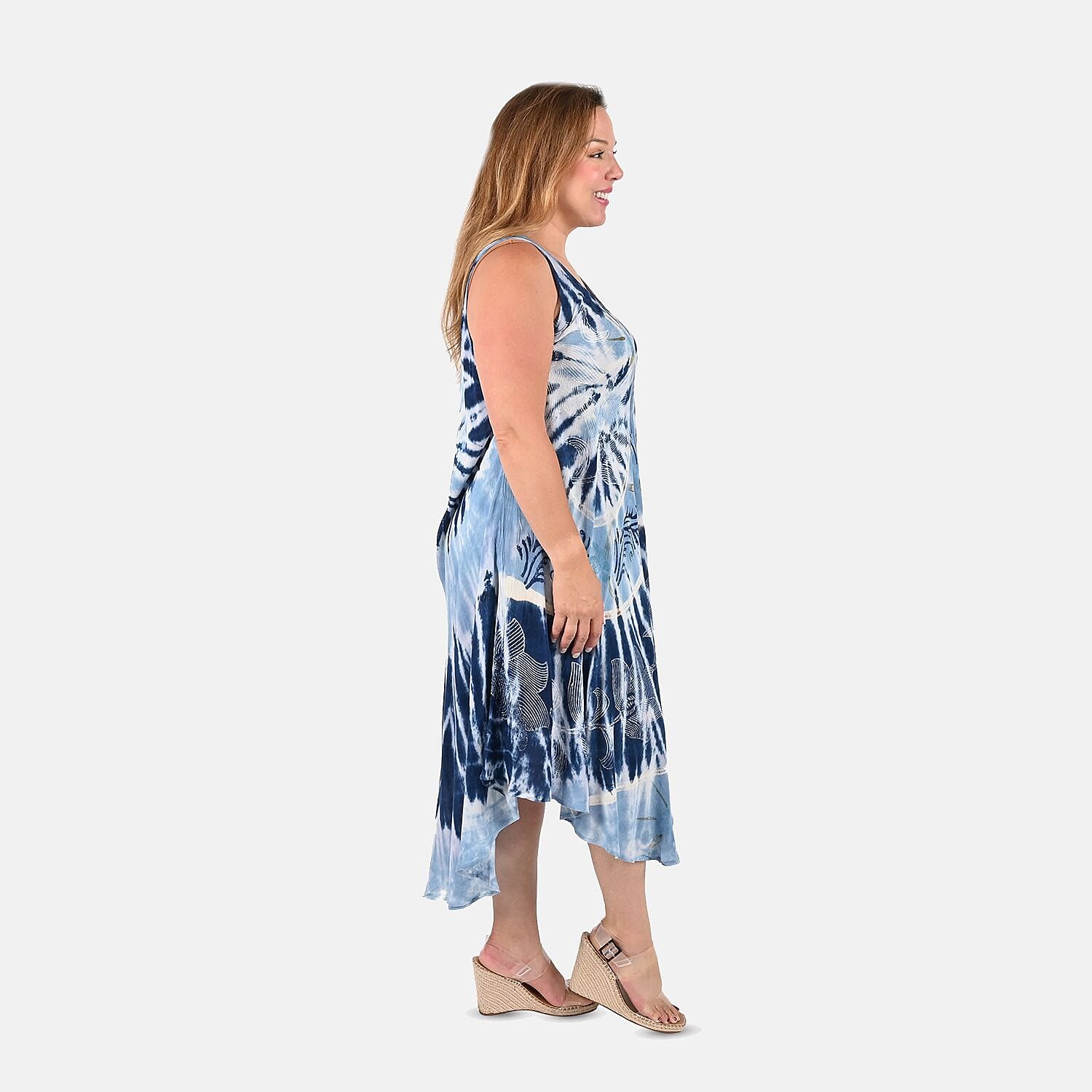 Tamsy Navy and Light Blue Floral Tie-Dye Umbrella Dress - One Size Missy
