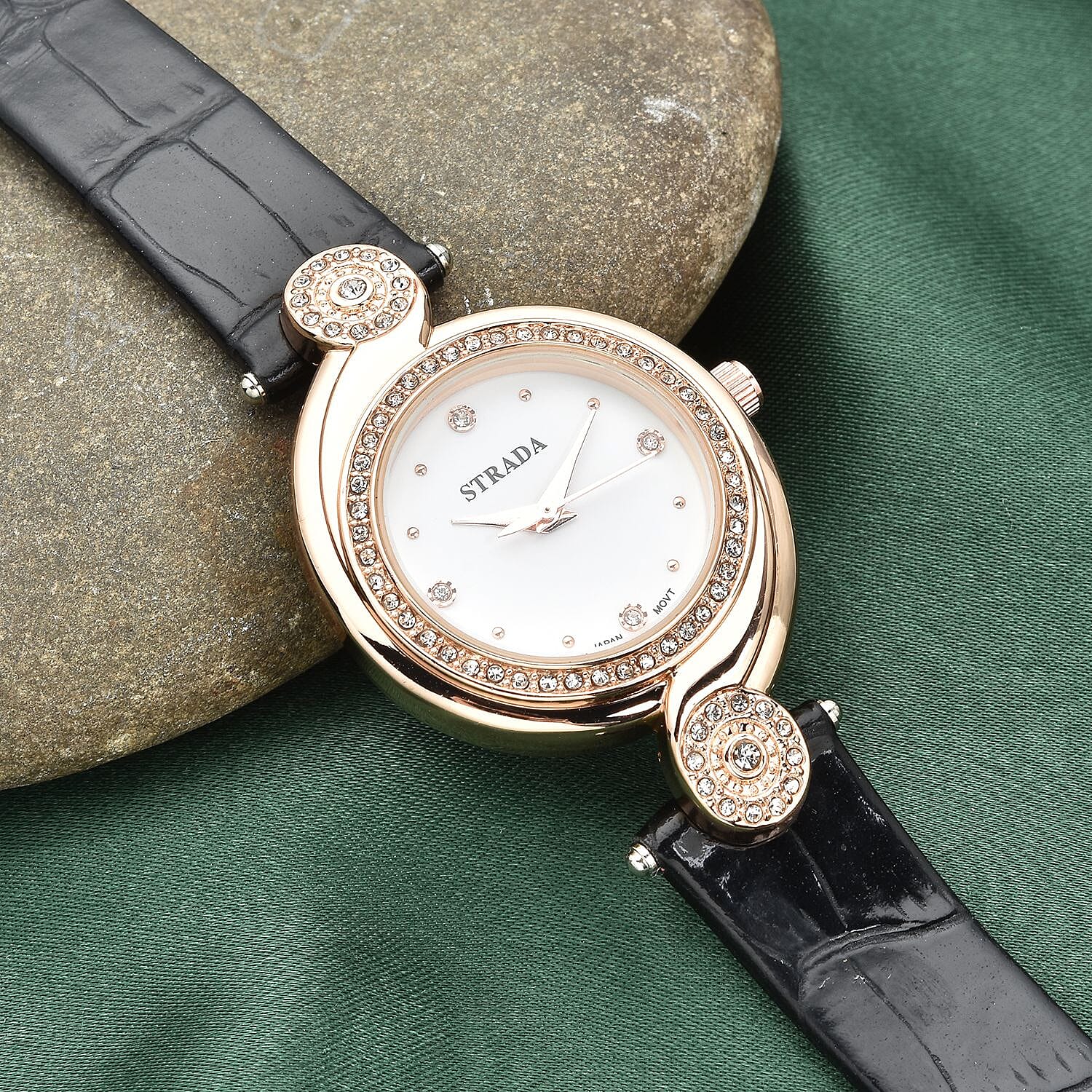 Strada Austrian Crystal Japanese Movement Watch with Black Faux Leather Strap (27.5mm) (7.25-8.25Inches)