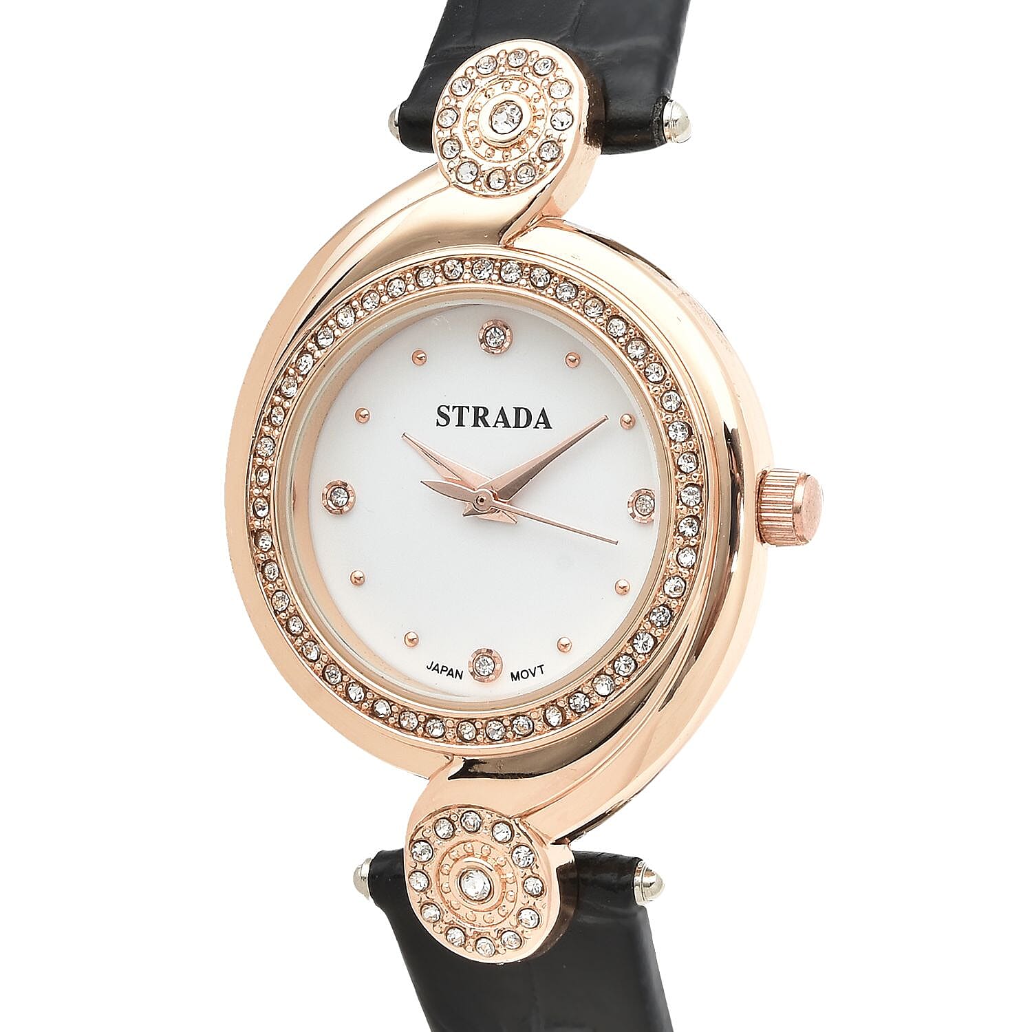 Strada Austrian Crystal Japanese Movement Watch with Black Faux Leather Strap (27.5mm) (7.25-8.25Inches)