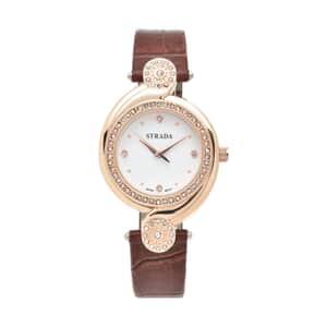 Strada Austrian Crystal Japanese Movement Watch with Brown Faux Leather Strap (34mm) (7.25-8.25Inches)