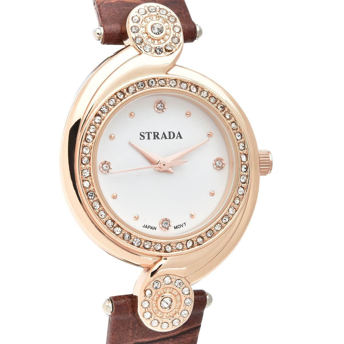 Strada Austrian Crystal Japanese Movement Watch with Brown Faux Leather Strap (34mm) (7.25-8.25Inches) image number 3