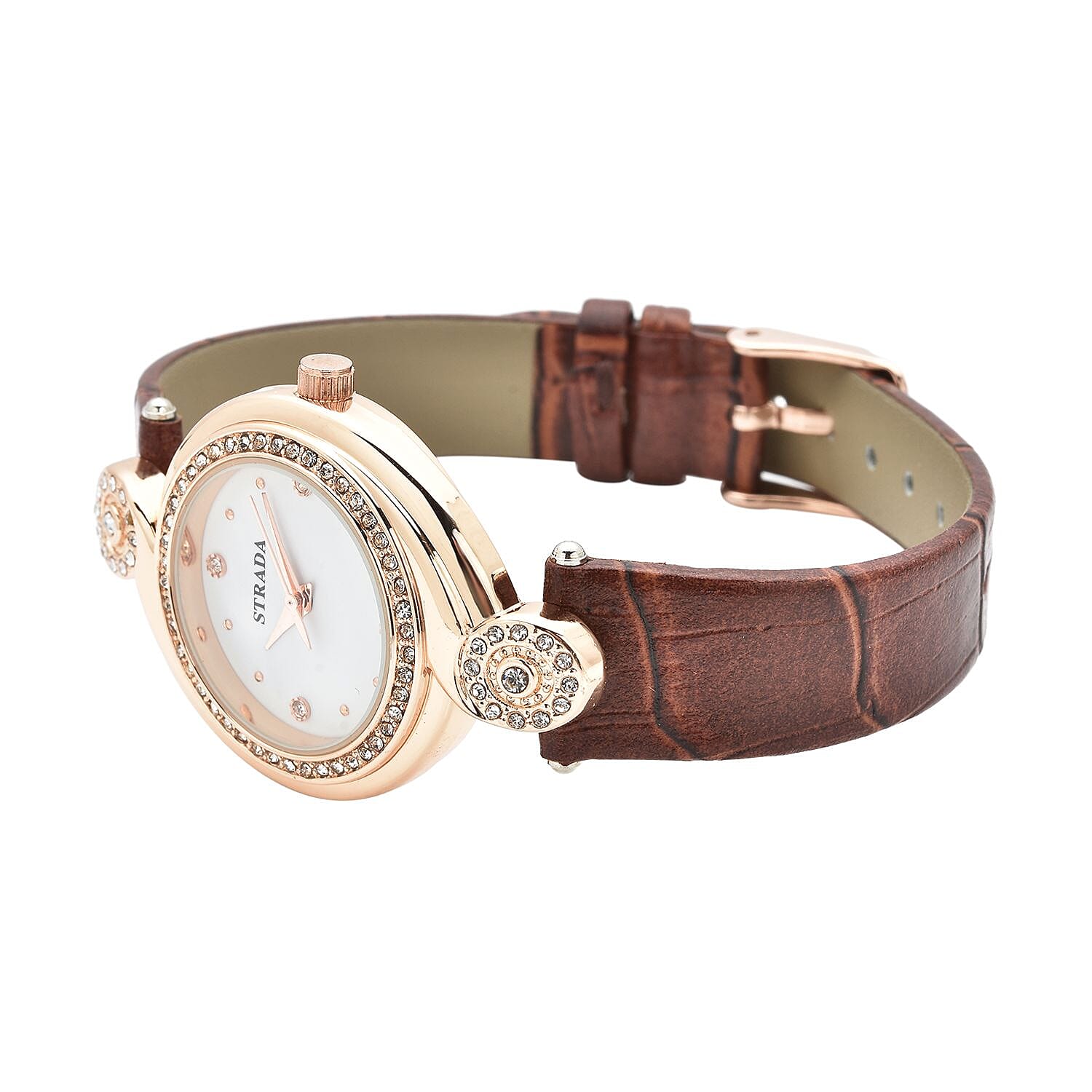 Strada Austrian Crystal Japanese Movement Watch with Brown Faux Leather Strap (34mm) (7.25-8.25Inches)