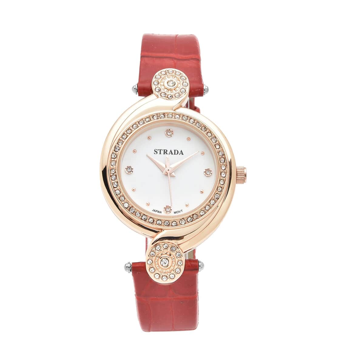 Strada Austrian Crystal Japanese Movement Watch with Red Faux Leather Strap (34mm) (7.25-8.25Inches) image number 0