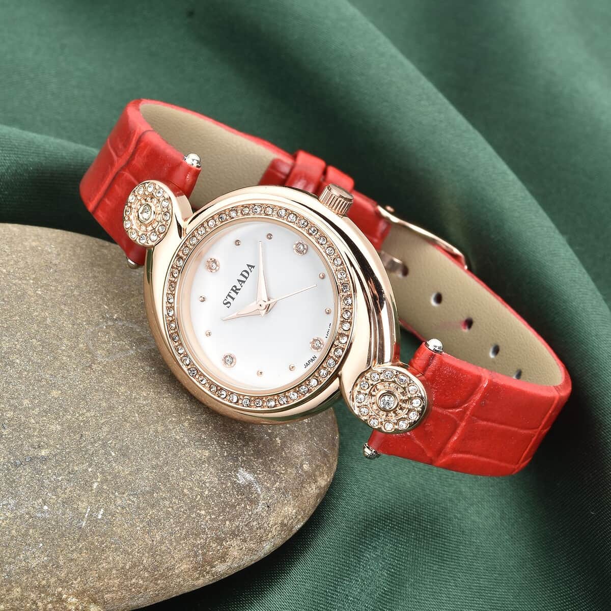 Strada Austrian Crystal Japanese Movement Watch with Red Faux Leather Strap (34mm) (7.25-8.25Inches) image number 1