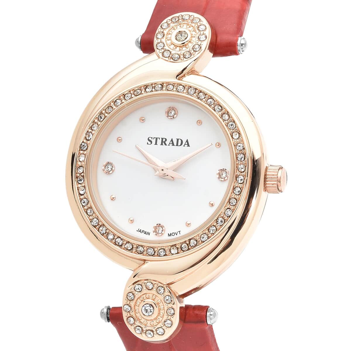 Strada Austrian Crystal Japanese Movement Watch with Red Faux Leather Strap (34mm) (7.25-8.25Inches) image number 3