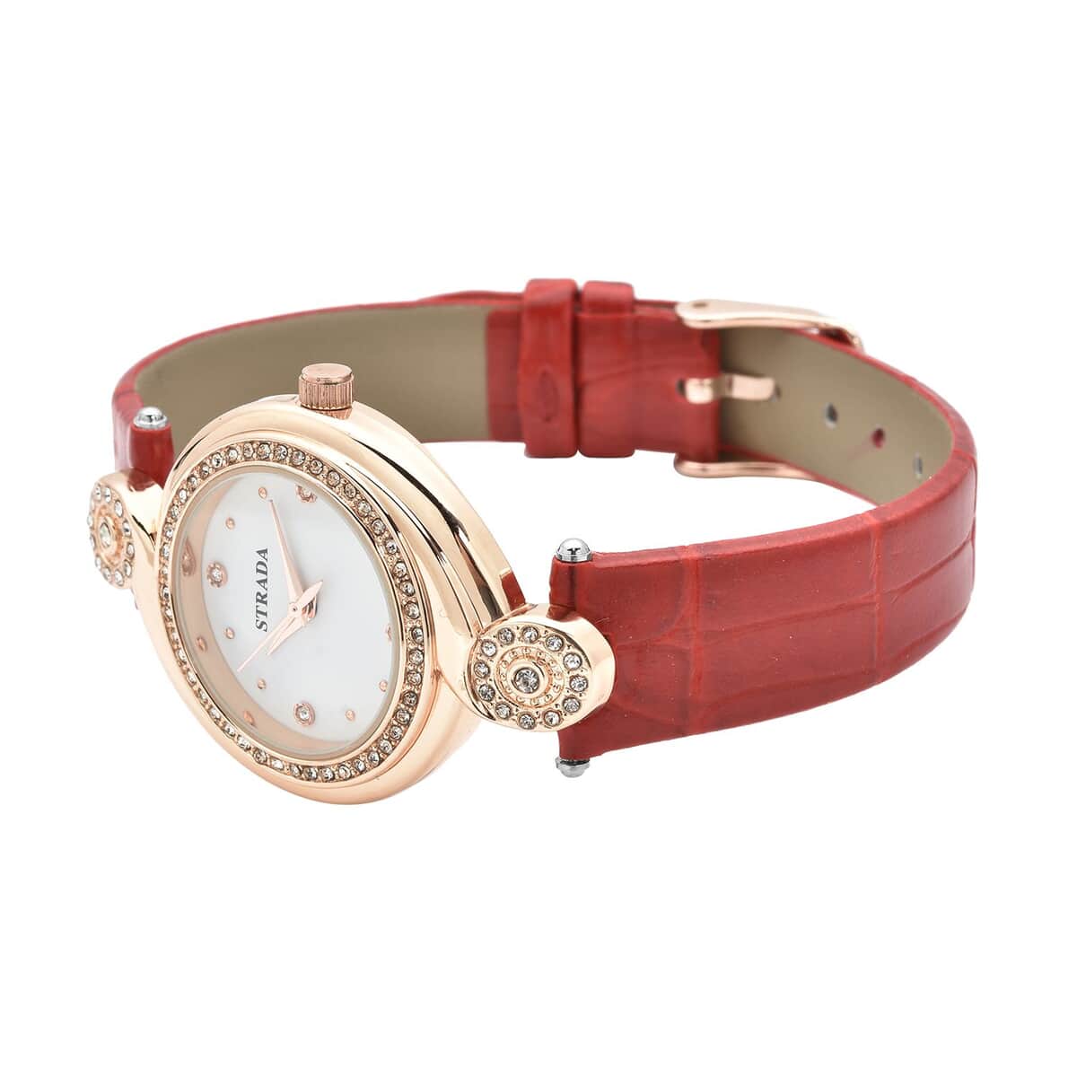 Strada Austrian Crystal Japanese Movement Watch with Red Faux Leather Strap (34mm) (7.25-8.25Inches) image number 4