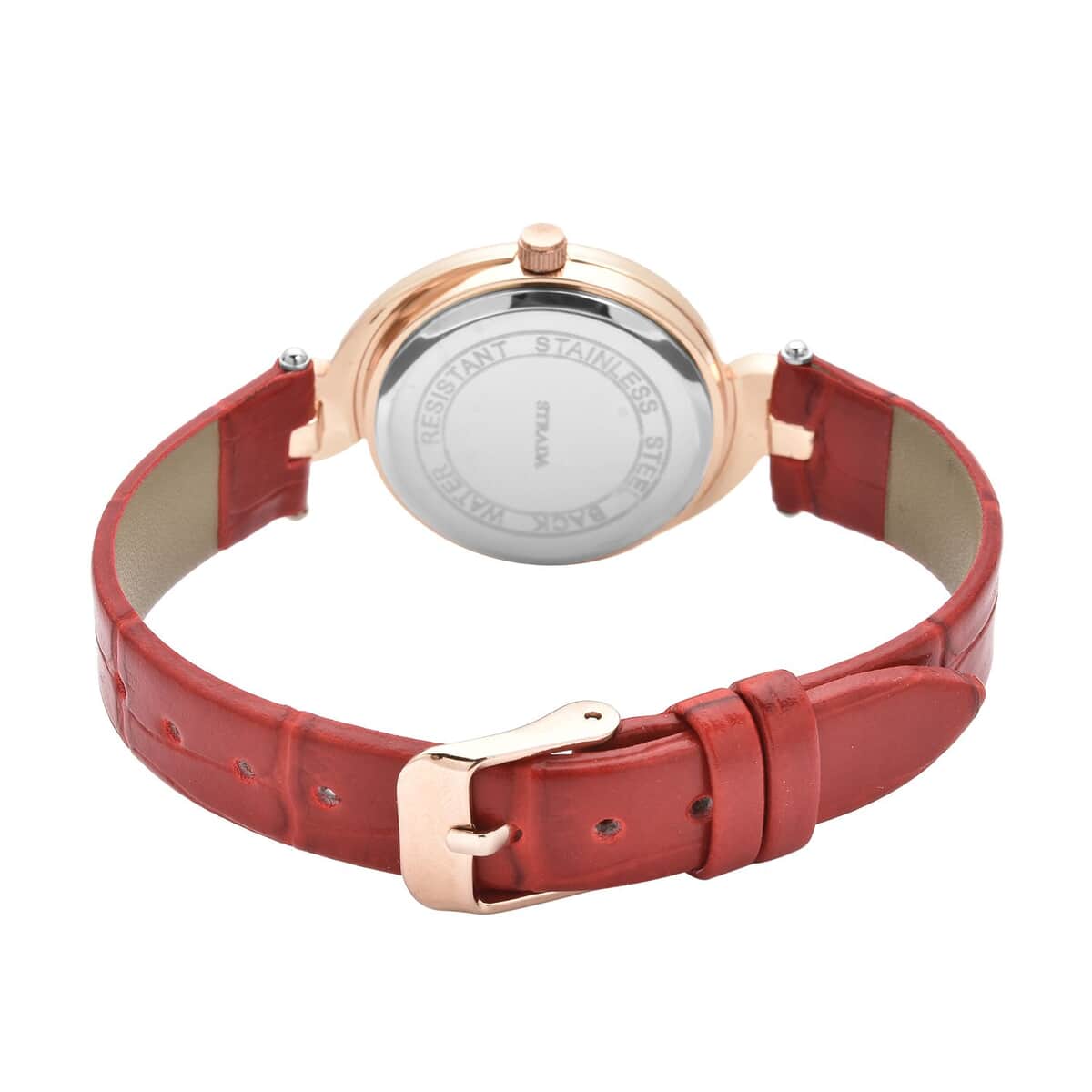 Strada Austrian Crystal Japanese Movement Watch with Red Faux Leather Strap (34mm) (7.25-8.25Inches) image number 5