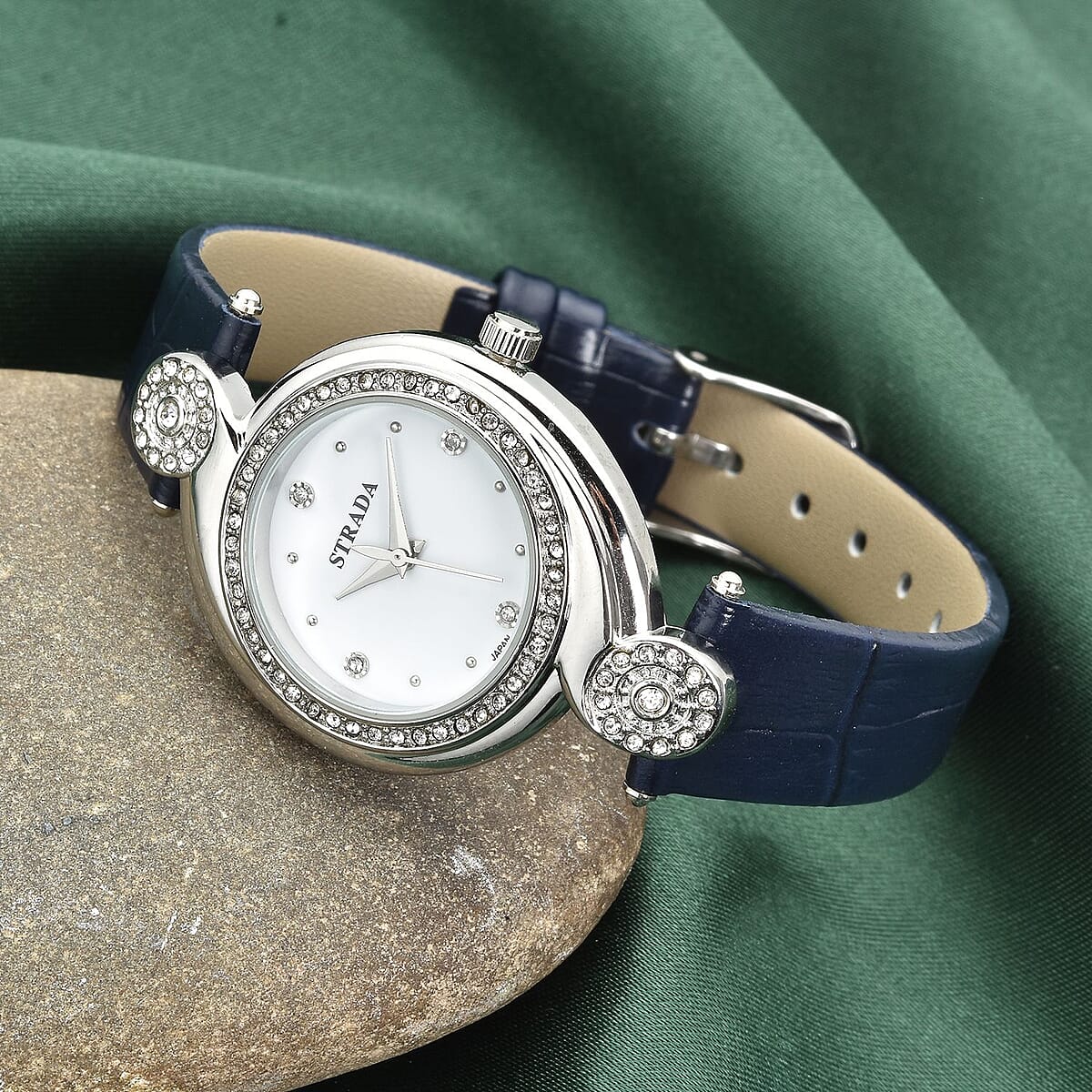 Strada Austrian Crystal Japanese Movement Watch with Blue Faux Leather Strap (34mm) (7.25-8.25Inches) image number 1