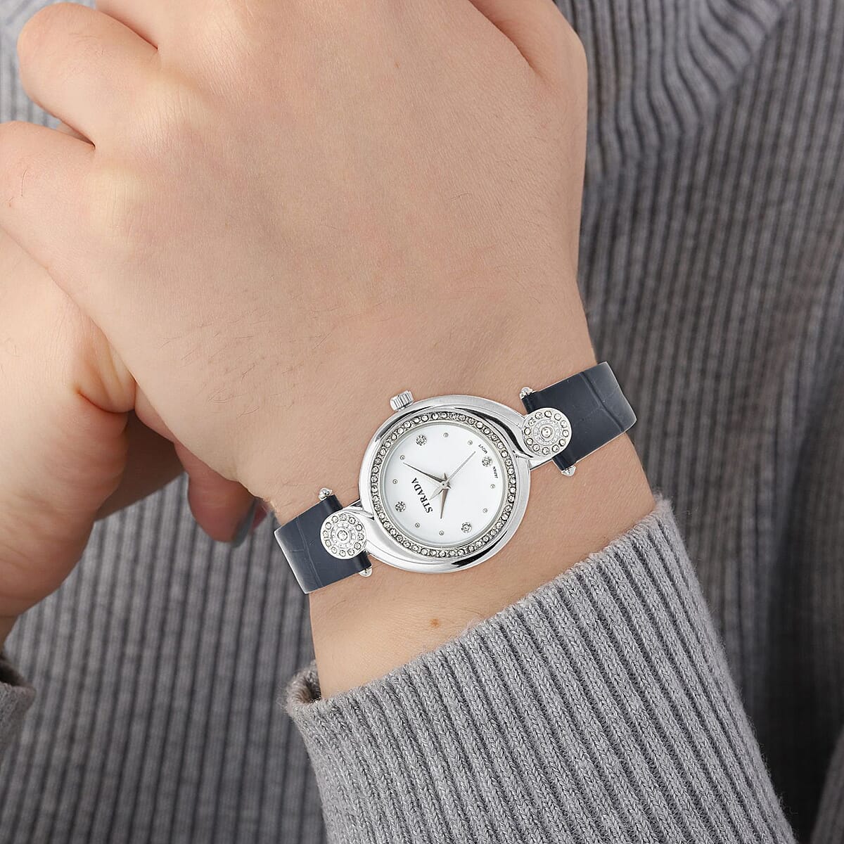 Strada Austrian Crystal Japanese Movement Watch with Blue Faux Leather Strap (34mm) (7.25-8.25Inches) image number 2