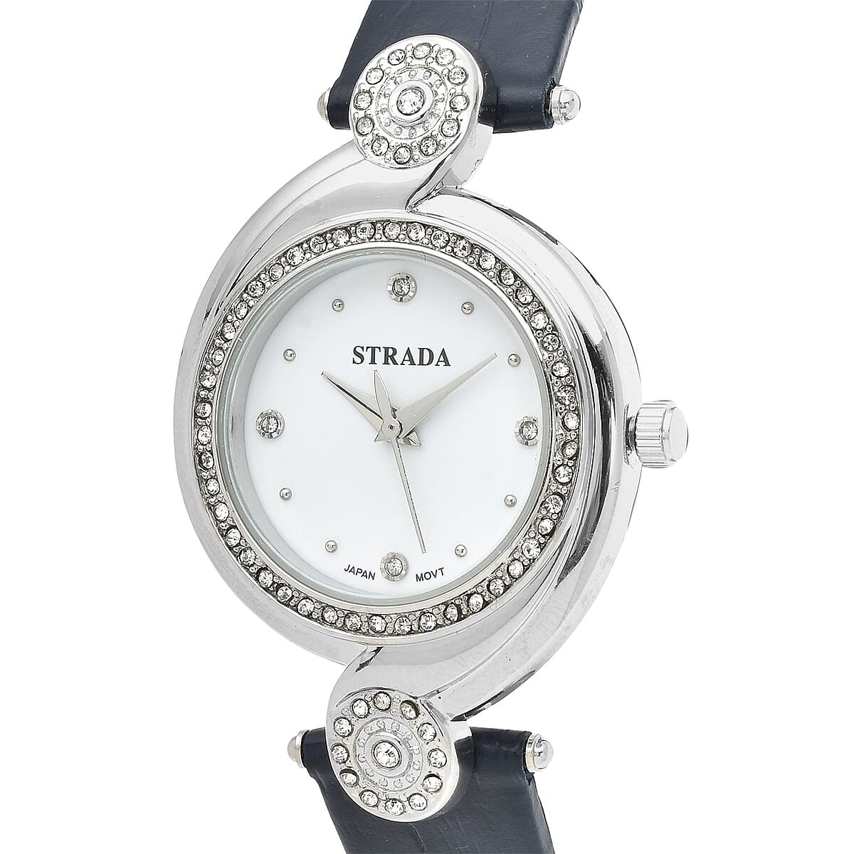 Strada Austrian Crystal Japanese Movement Watch with Blue Faux Leather Strap (34mm) (7.25-8.25Inches) image number 3