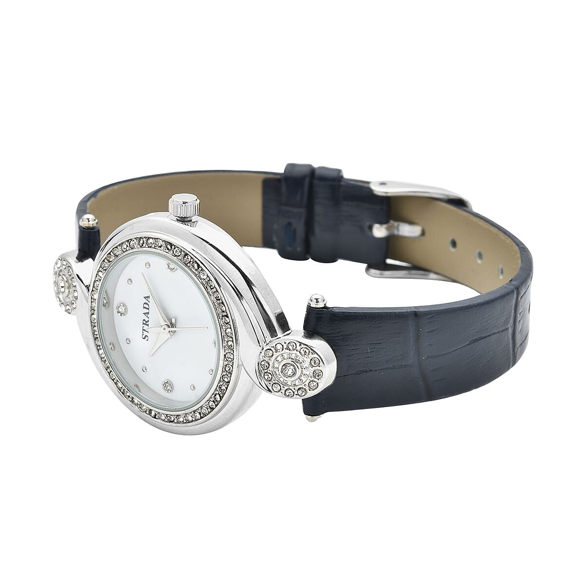 Strada Austrian Crystal Japanese Movement Watch with Blue Faux Leather Strap (34mm) (7.25-8.25Inches) image number 4