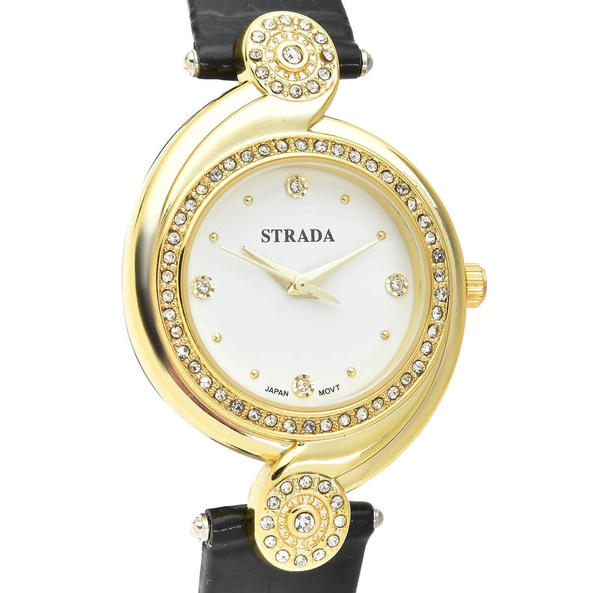 Strada Austrian Crystal Japanese Movement Watch with Black Faux Leather Strap (34mm) (7.25-8.25Inches) image number 3