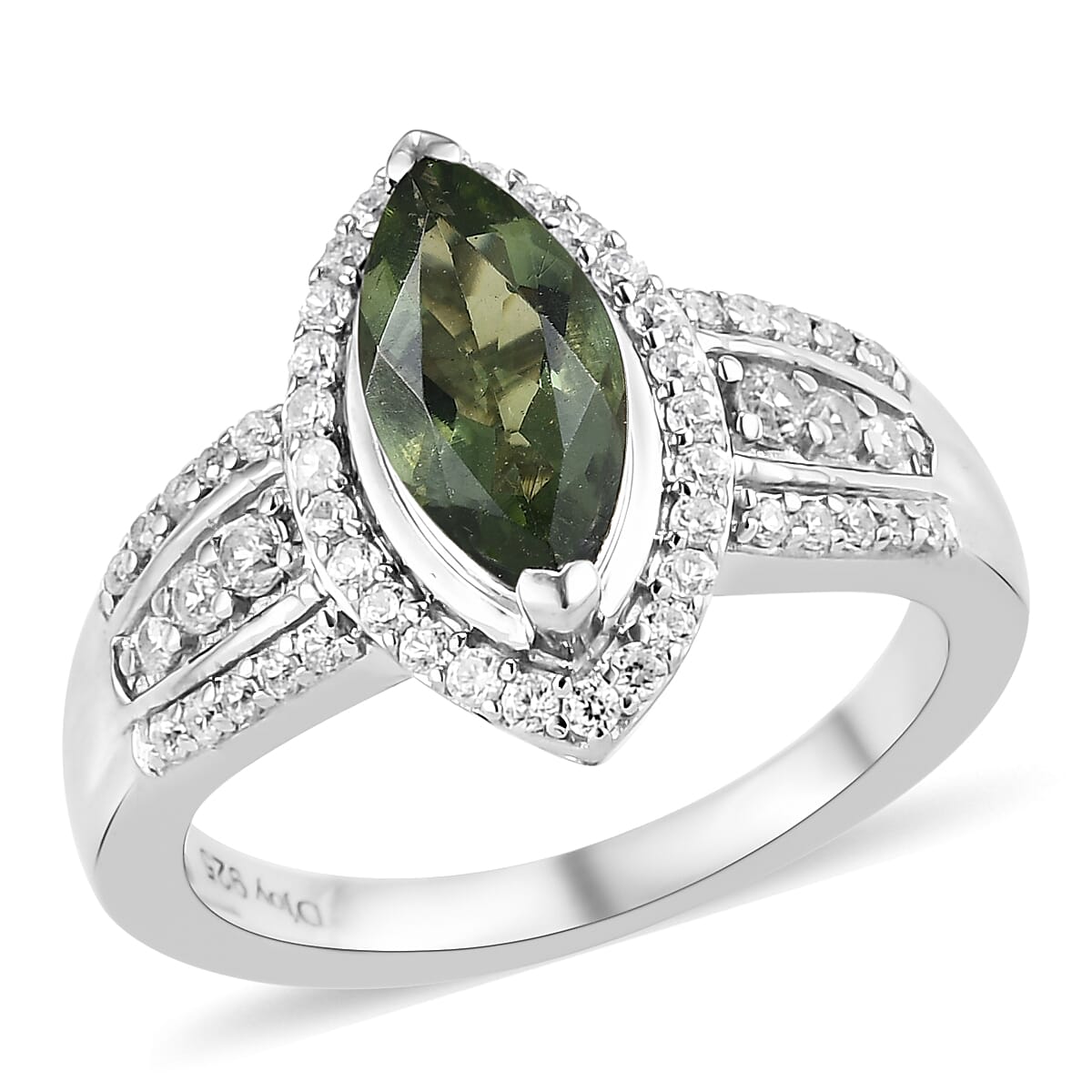 Bohemian Moldavite and White Zircon Ring in Platinum Over Sterling Silver (Size 11.0) 1.40 ctw image number 0