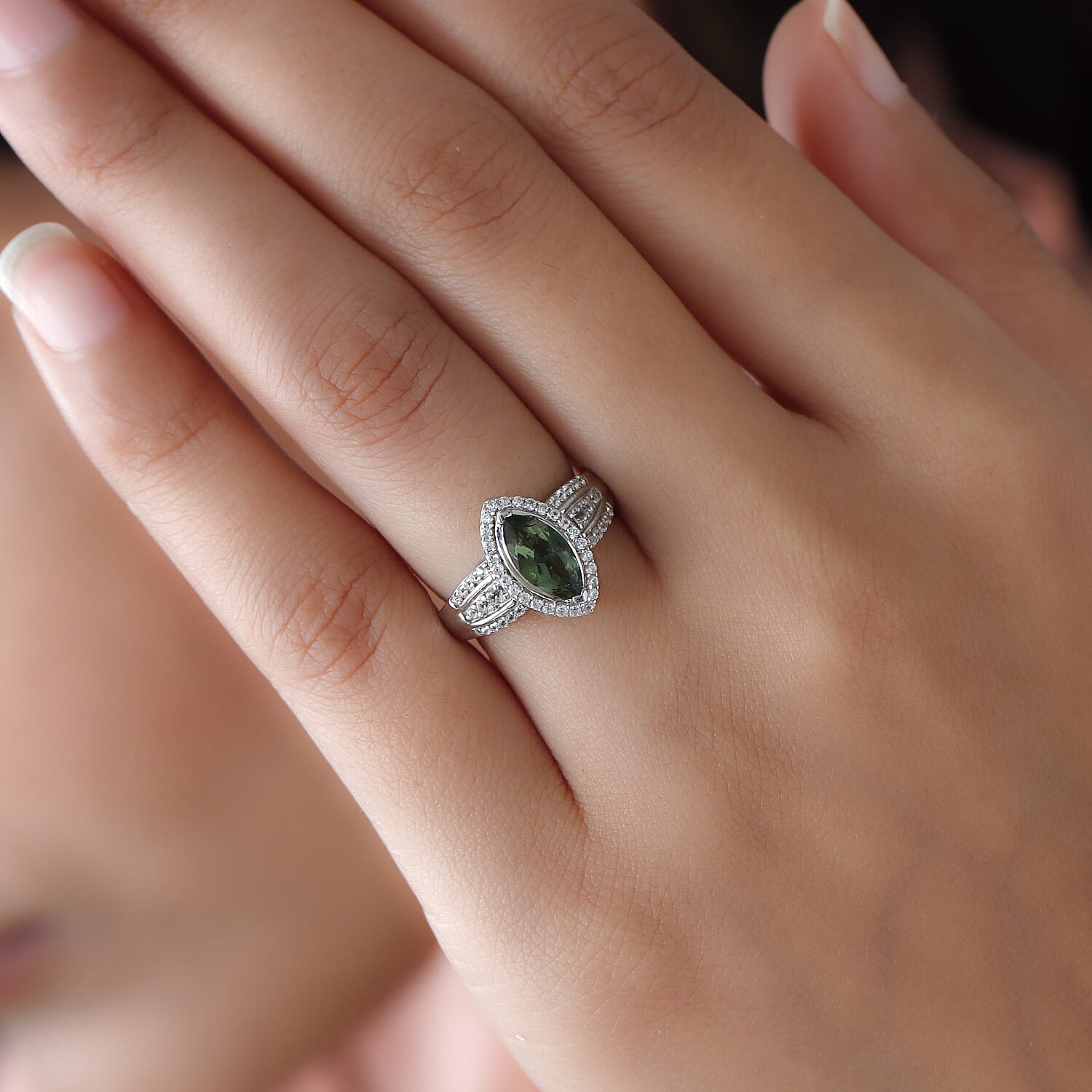 Bohemian Moldavite and White Zircon Ring in Platinum Over Sterling Silver (Size 11.0) 1.40 ctw