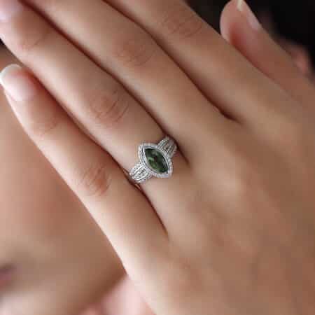Bohemian Moldavite and Natural White Zircon Ring in Platinum Over Sterling Silver (Size 5.0) 1.40 ctw image number 2