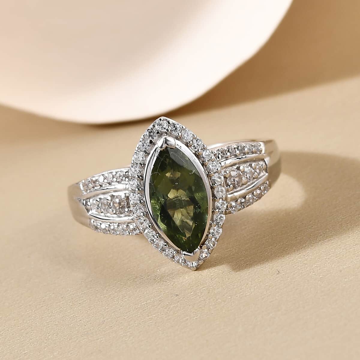 Bohemian Moldavite and Natural White Zircon Ring in Platinum Over Sterling Silver (Size 5.0) 1.40 ctw image number 3