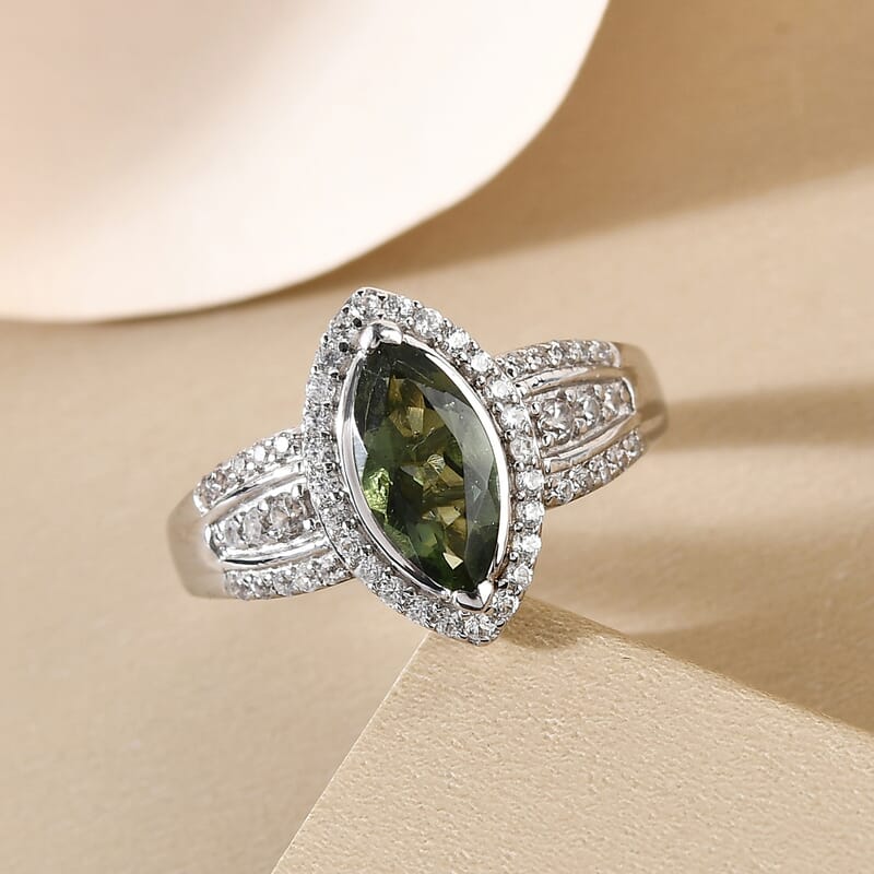 Bohemian Moldavite and White Zircon Ring in Platinum Over Sterling Silver (Size 11.0) 1.40 ctw