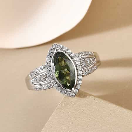 Bohemian Moldavite and Natural White Zircon Ring in Platinum Over Sterling Silver (Size 5.0) 1.40 ctw image number 4