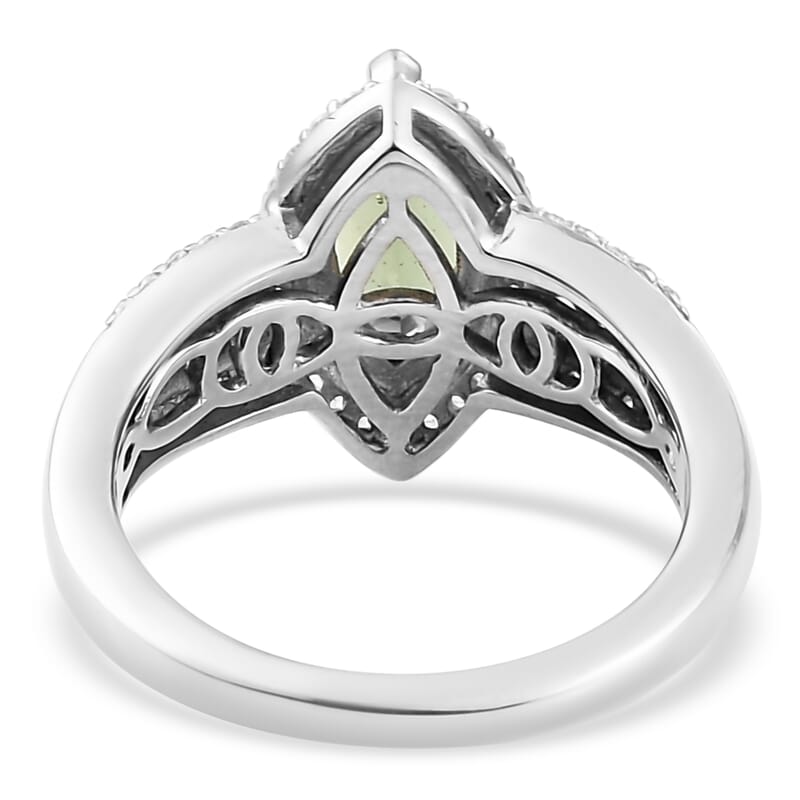 Bohemian Moldavite and White Zircon Ring in Platinum Over Sterling Silver (Size 11.0) 1.40 ctw