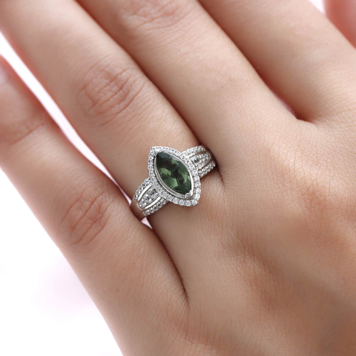 Bohemian Moldavite and White Zircon Ring in Platinum Over Sterling Silver (Size 5.0) 1.40 ctw image number 1