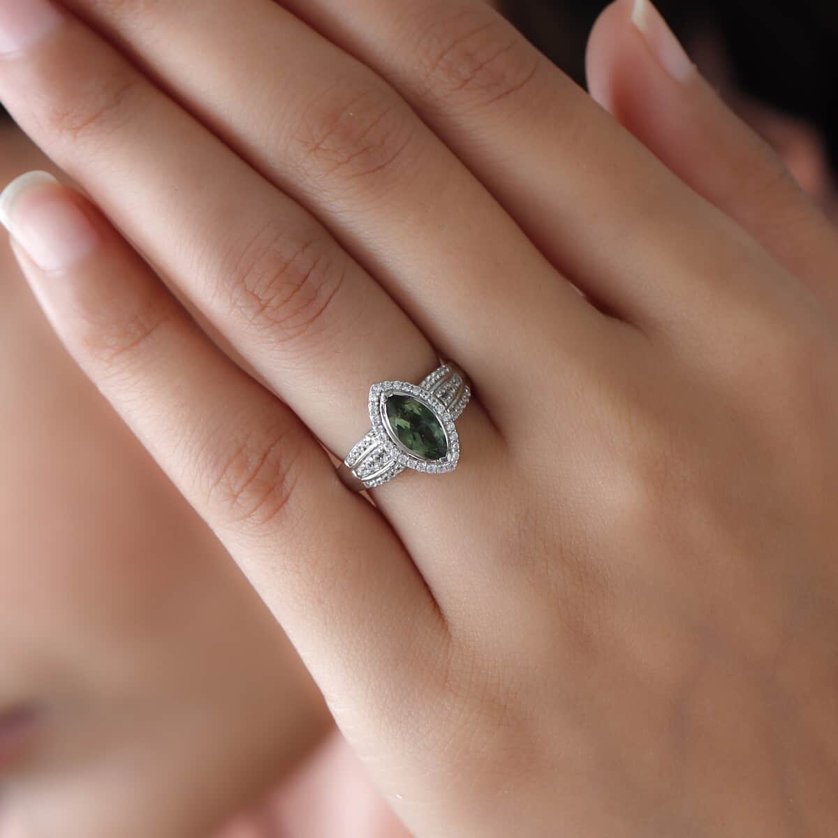 Bohemian Moldavite and White Zircon Ring in Platinum Over Sterling Silver (Size 5.0) 1.40 ctw image number 2
