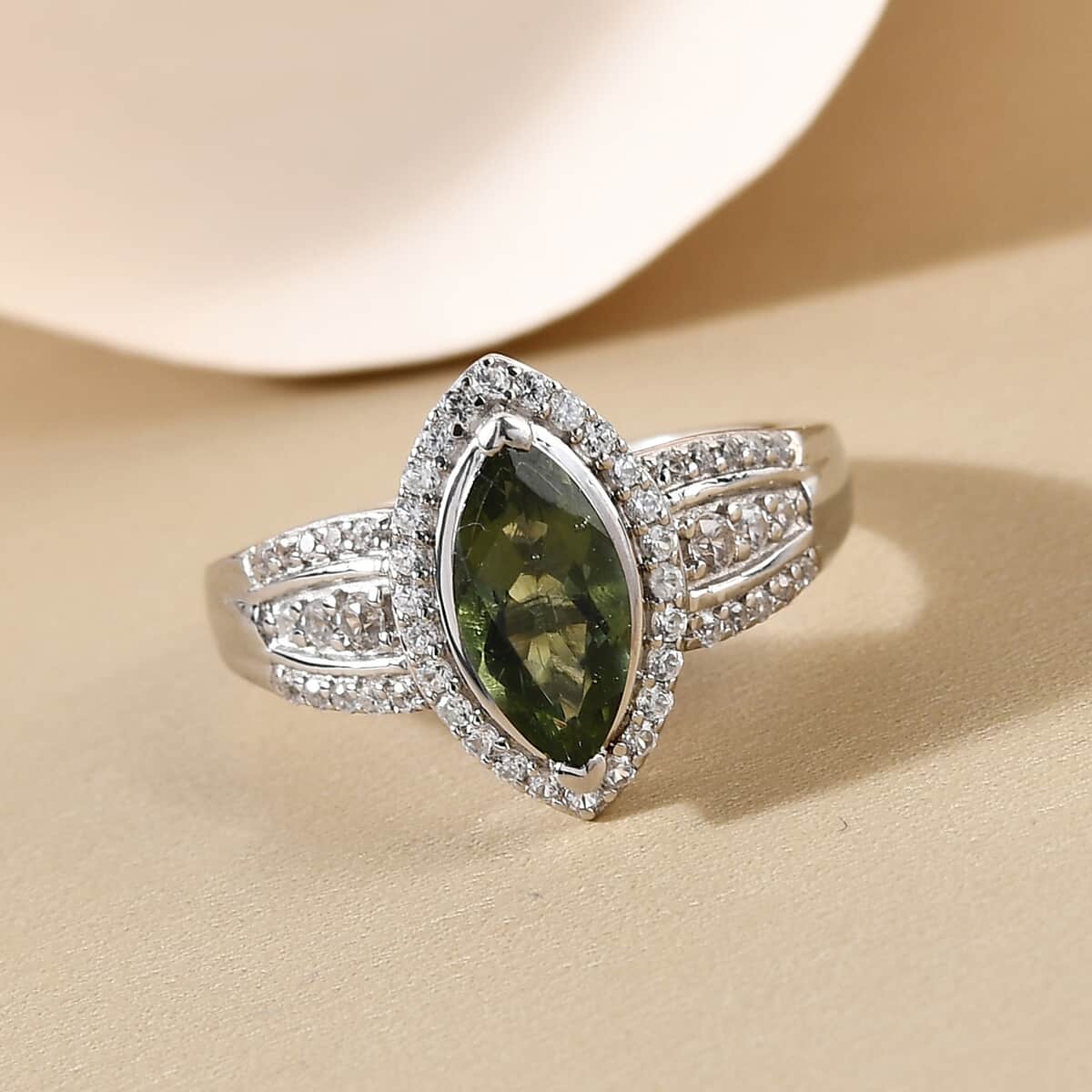 Bohemian Moldavite and White Zircon Ring in Platinum Over Sterling Silver (Size 5.0) 1.40 ctw image number 3