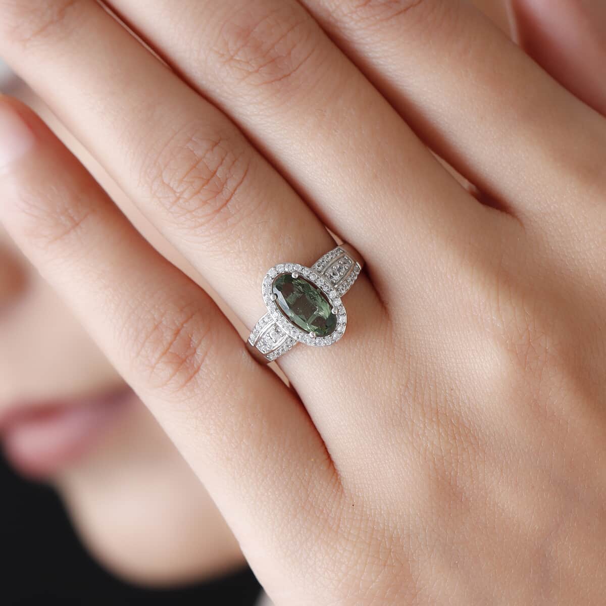 Bohemian Moldavite and Natural White Zircon Ring in Platinum Over Sterling Silver (Size 10.0) 1.60 ctw image number 2