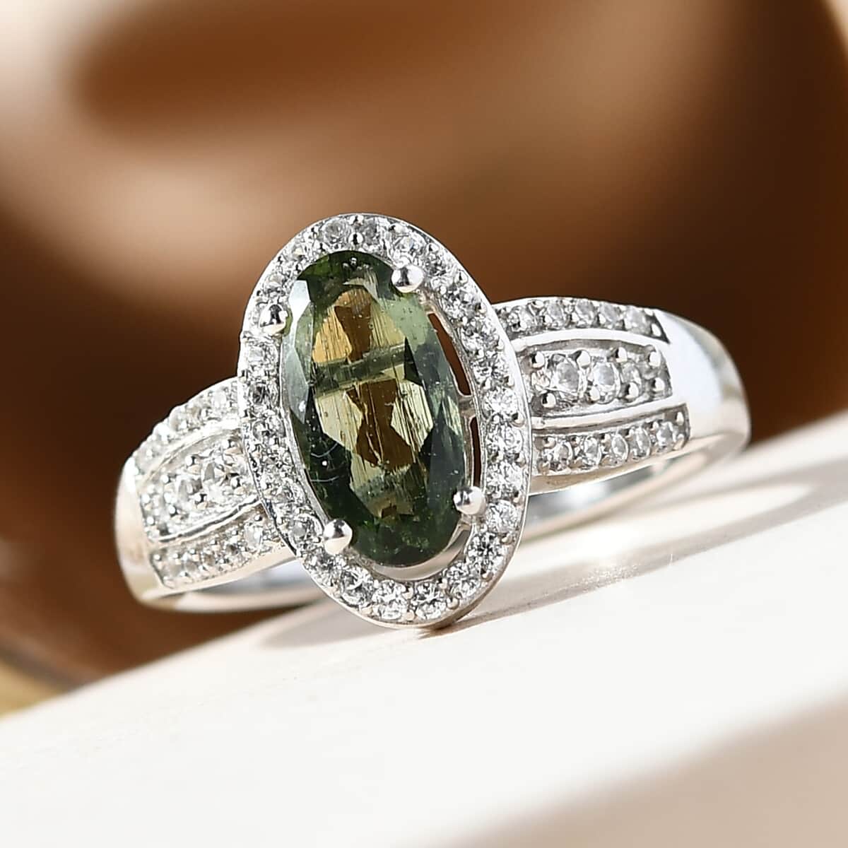 Bohemian Moldavite and Natural White Zircon Ring in Platinum Over Sterling Silver (Size 10.0) 1.60 ctw image number 3