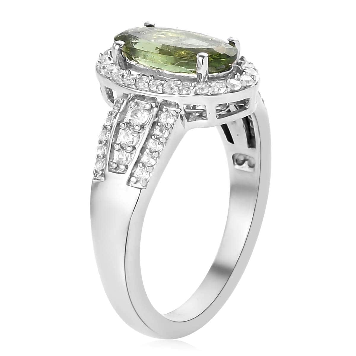 Bohemian Moldavite and Natural White Zircon Ring in Platinum Over Sterling Silver (Size 10.0) 1.60 ctw image number 4