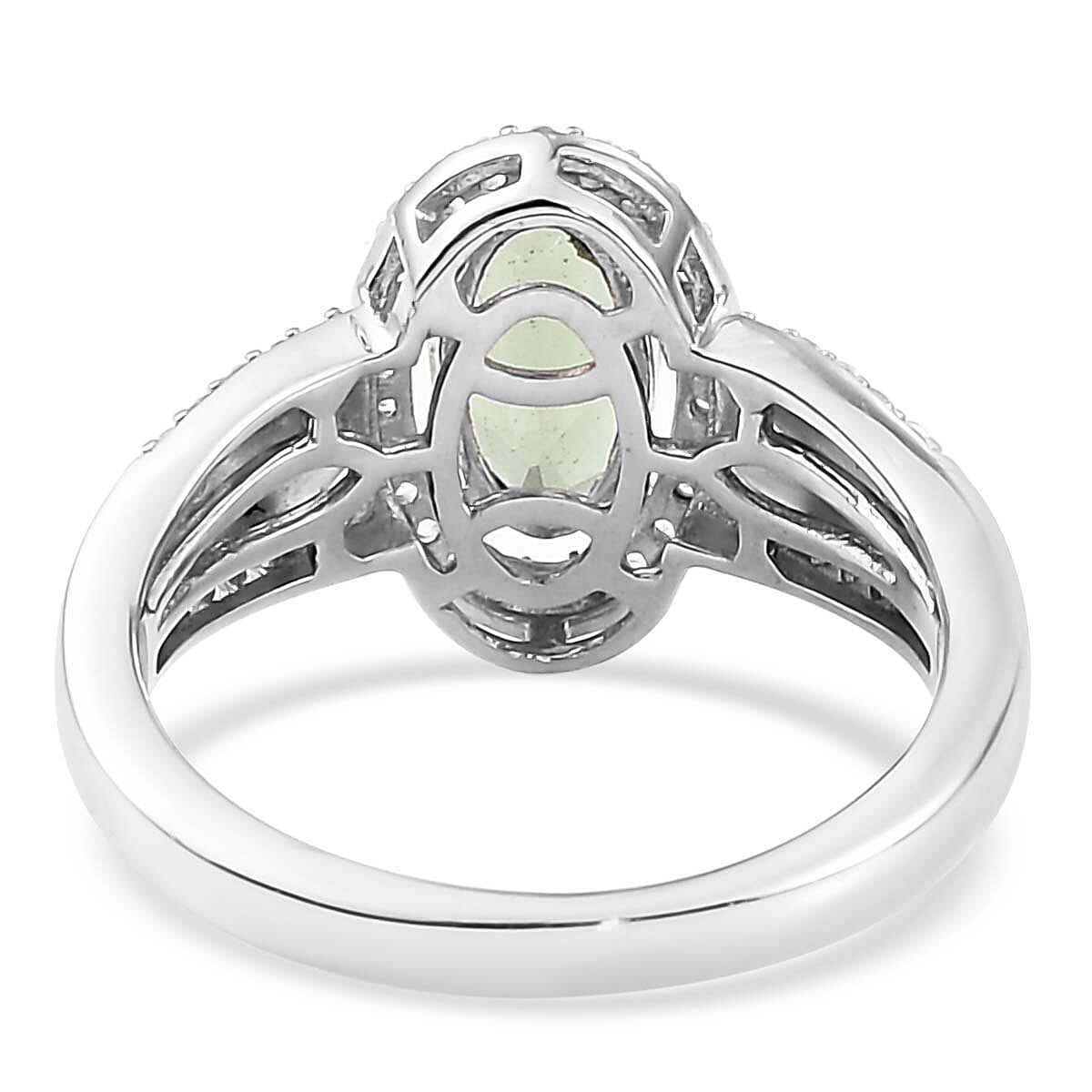 Bohemian Moldavite and Natural White Zircon Ring in Platinum Over Sterling Silver (Size 10.0) 1.60 ctw