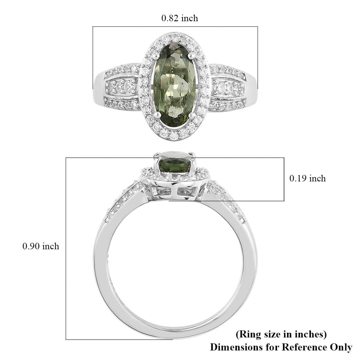 Bohemian Moldavite and Natural White Zircon Ring in Platinum Over Sterling Silver (Size 10.0) 1.60 ctw image number 6