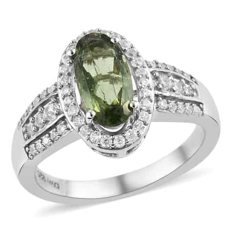 Bohemian Moldavite and White Zircon Ring in Platinum Over Sterling Silver (Size 8.0) 1.60 ctw image number 0