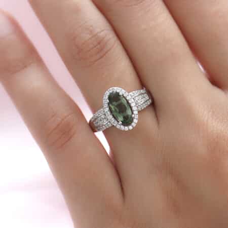 Bohemian Moldavite and White Zircon Ring in Platinum Over Sterling Silver (Size 8.0) 1.60 ctw image number 1